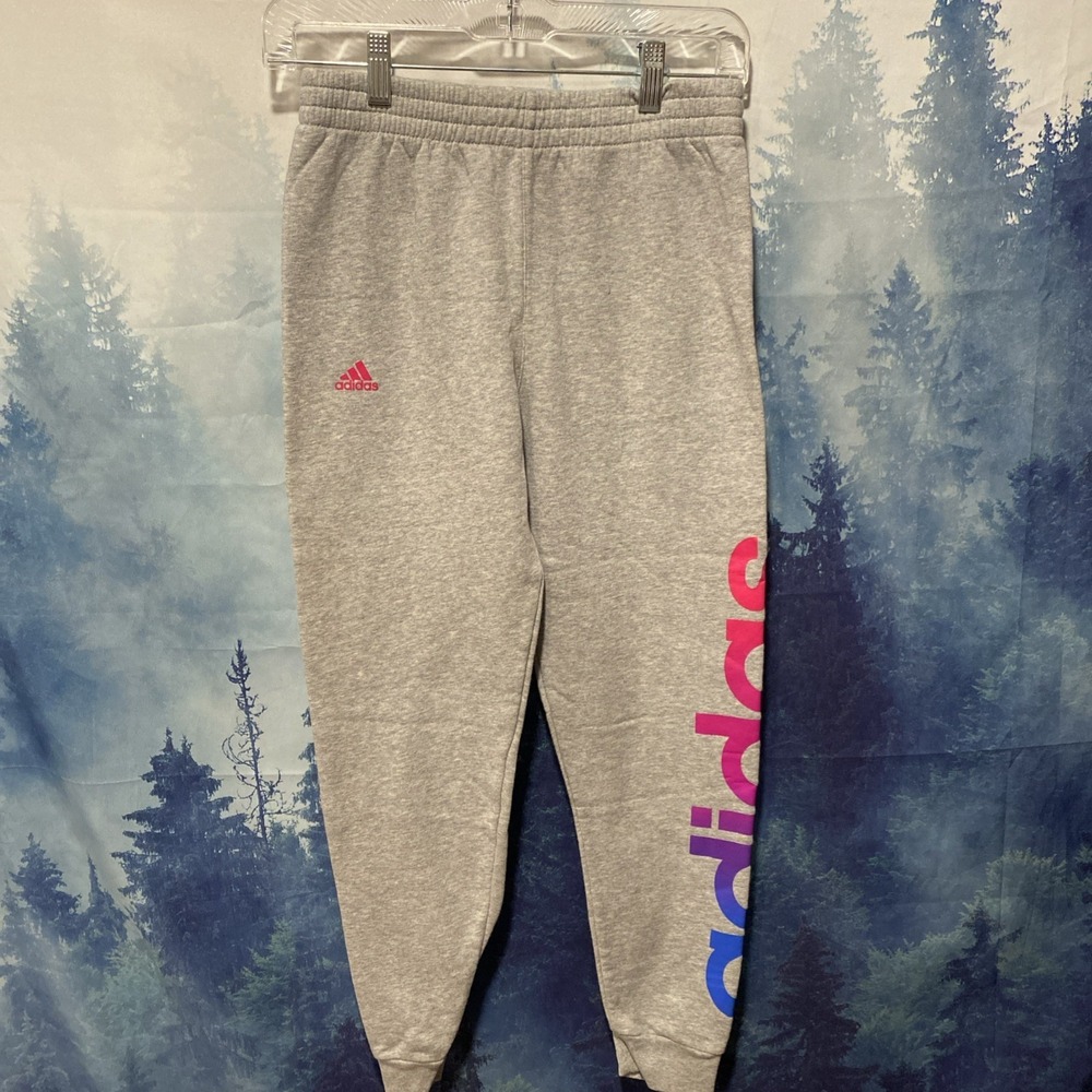 Adidas Girls Jogger Sweatpants Size L 14 Gray Pink Blue Spellout Fleece Pants